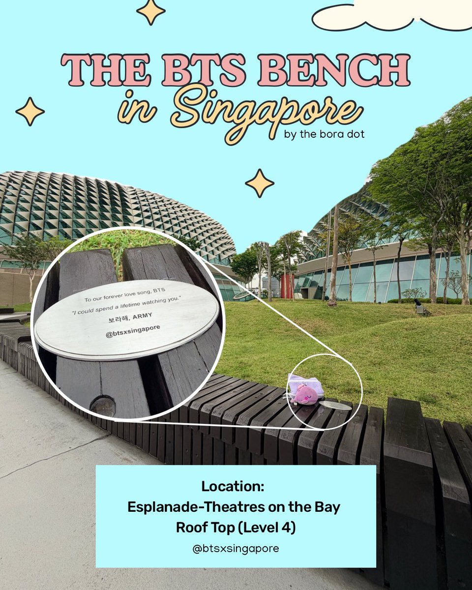 btsxsingapore's tweet photo. 🪑 BTS BENCH IN SINGAPORE 💜

Last year when we found out the BTS Zoo bench term was over, we were devastated. We loved that bench as a touchstone to visit, and we were determined to make a new one for ARMY in Singapore.

We had been eyeing the Esplanade benches for some time already and were gratified to find that fellow ARMY @vintagefur08 was feeling the same. Together we worked out a plan to co-sponsor most of the adoption fee for the bench and call for donations for the rest of it - we wanted everyone to share in the ownership of this project. This is truly a bench for ARMY, by ARMY, because of BTS.

Thanks to all of you for walking with us on this journey! We hope this bench, located in a public area that’s still quiet and tranquil and with one of the best views in Singapore, will continue the legacy of the zoo bench. It’ll be here for the next 10 years - a place where ARMY can come to sit and think, listen to music, enjoy the view, and maybe make an ARMY friend or two. 

Love, the bora dot @btsxsingapore 

Location: @esplanade_sg, Level 4 Rooftop