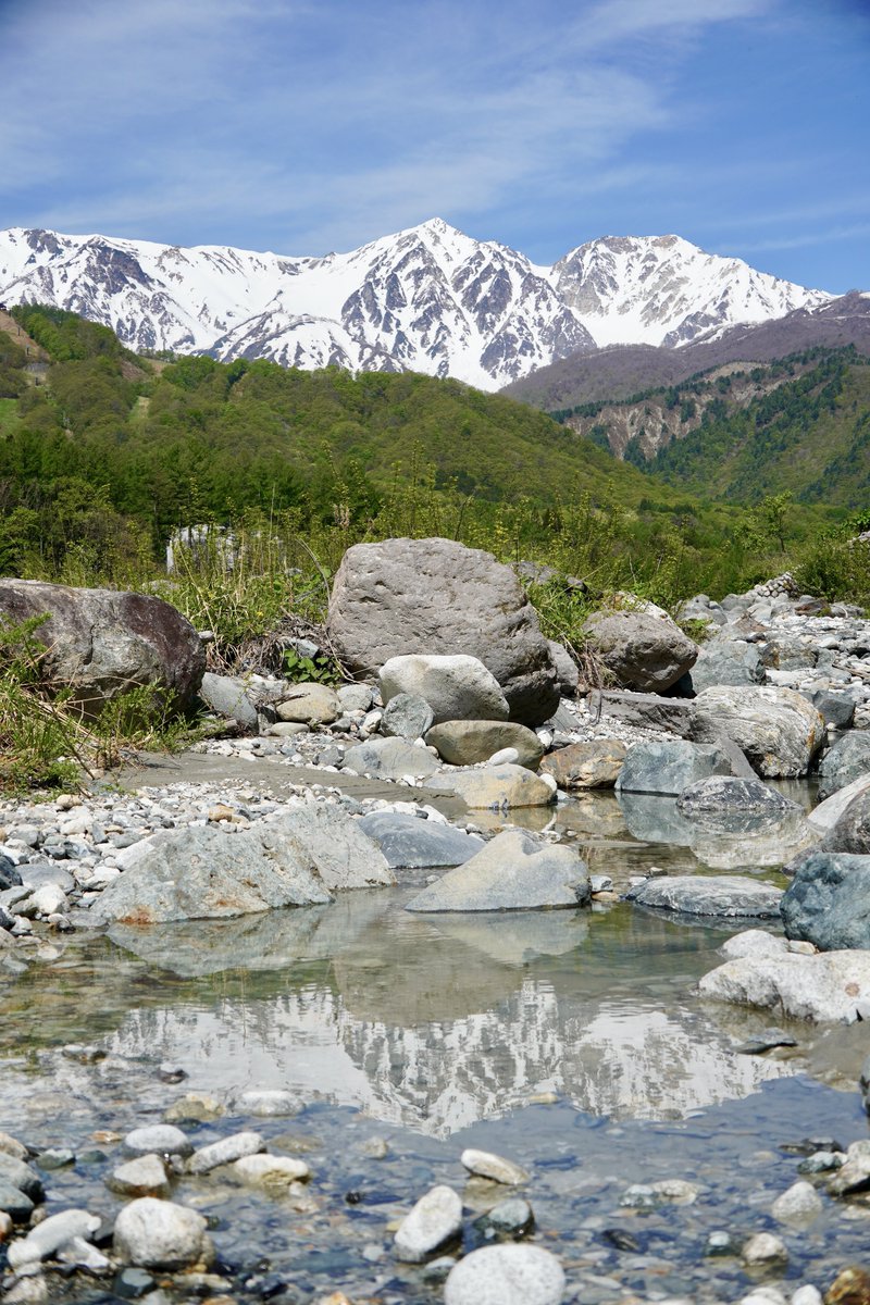 白馬大橋からの景色｡河原に降りてみて水が溜まっている場所で撮ってみたら少し水鏡の様になった｡