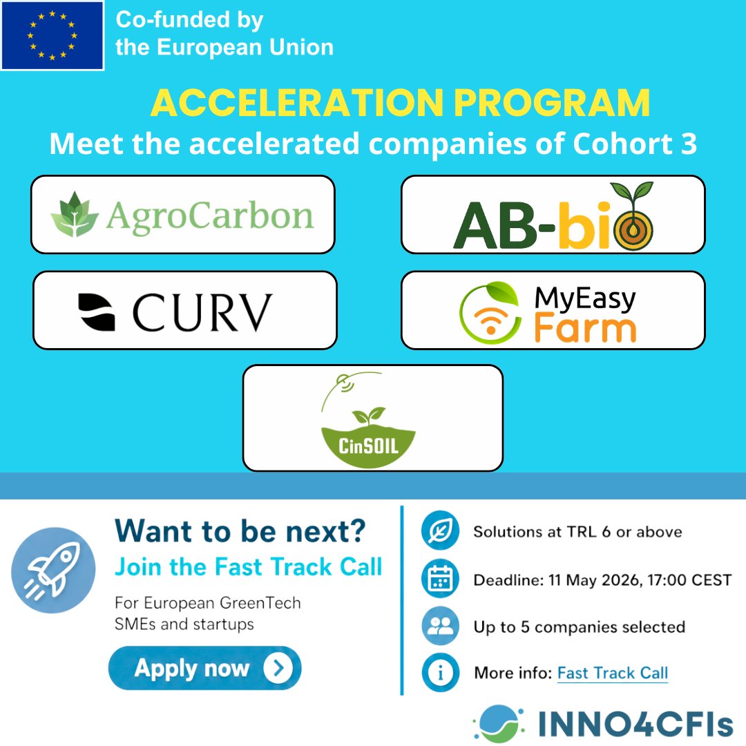 INNO4CFIs's tweet photo. 🌱 Cohort 3 is here!

Welcome to the 11 companies joining the #INNO4CFIs Acceleration Program and advancing carbon farming, GreenTech and climate-positive innovation.

Fast Track Call still open for TRL 6+ SMEs/startups.

📅 Deadline:11 May, 17:00 CEST
👉 https://t.co/6kxBvv3iqo https://t.co/cfKbF3MN2D