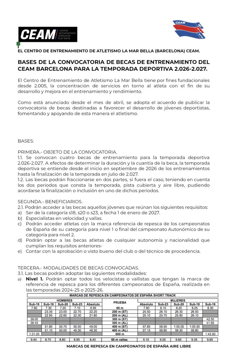 ceam_atletismo's tweet photo. 🏃‍♂️ BECAS CEAM 2026–2027

Convocatoria de 4 becas de entrenamiento de nueva adjudicación para velocistas y vallistas

🎯 Dirigido a:
Sub18, Sub20 y Sub23
📊 Requisitos:
• Nivel 1 → marca de repesca en Campeonatos de España
• Nivel 2 → final autonómica o nivel equivalente https://t.co/vvRHWM53pb
