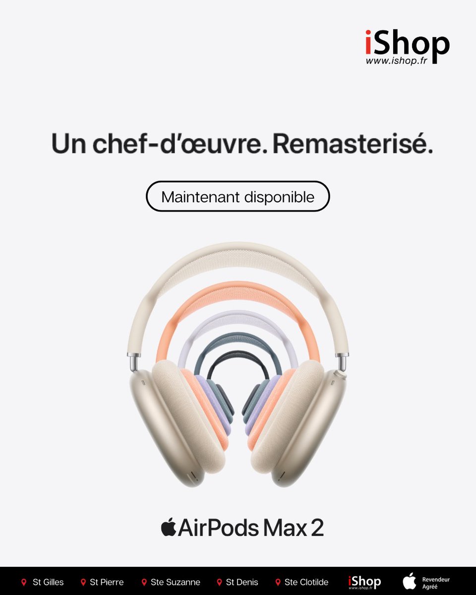 iShopReunion's tweet photo. 🎧 Les AirPods Max 2 sont disponibles chez iShop Réunion ! 
À partir de 618 €.

Avec une Réduction active du bruit jusqu’à 1,5x plus performante que la génération précédente ! 

iShop Réunion Revendeur Agréé Apple
📍St Gilles | St Pierre | Ste Suzanne | St Denis | Ste Clotilde https://t.co/EXjQ44aD18