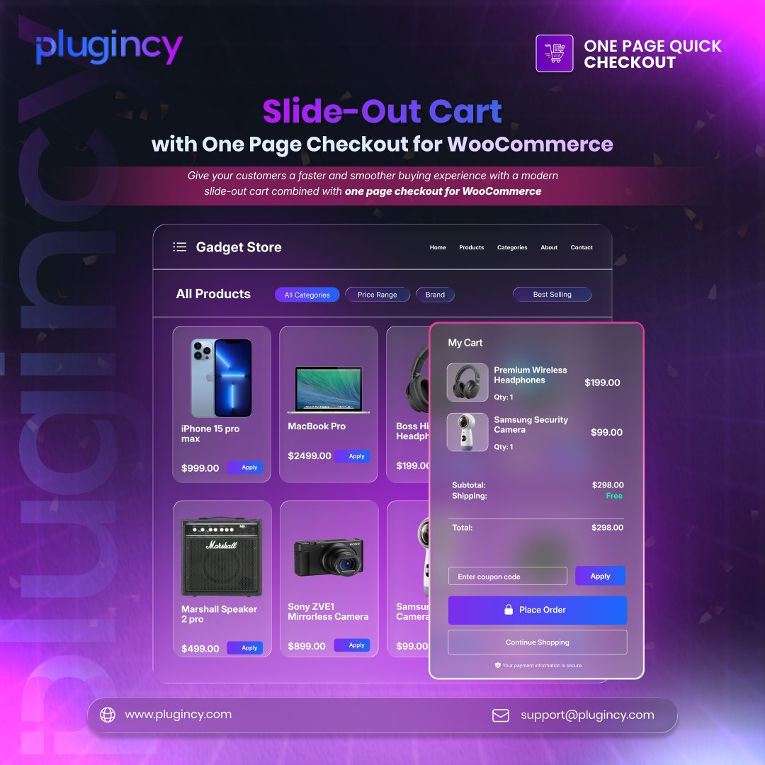 plugincy's tweet photo. Upgrade your WooCommerce checkout with Plugincy ⚡

🛒 Slide-out cart
📉 Lower cart abandonment
💳 One page checkout

Faster UX = more conversions

👉Checkout our plugin: https://t.co/RpSvrjewn8

#Plugincy #WooCommerce #OnePageCheckout #eCommerce https://t.co/JHHVCdmtFv