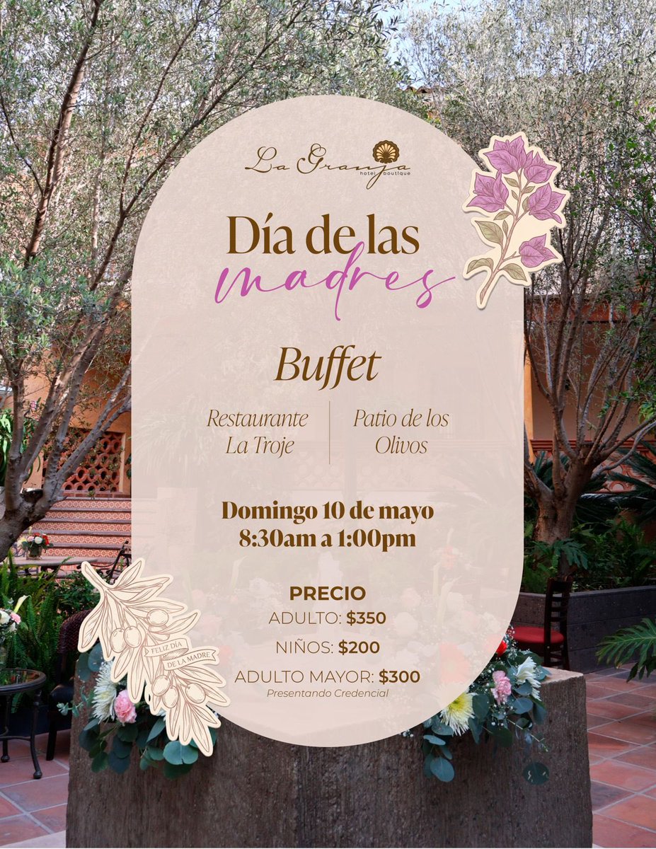 Hotelblagranja's tweet photo. Este 10 de mayo, celebra a mamá como
se merece
Te invitamos a disfrutar de un delicioso buffet en un ambiente único y lleno de encanto. La cita es en Restaurante La Troje y el hermoso Patio de los Olivos, donde cada detalle está pensado para consentirla.
1 https://t.co/S3cHBUvNaw