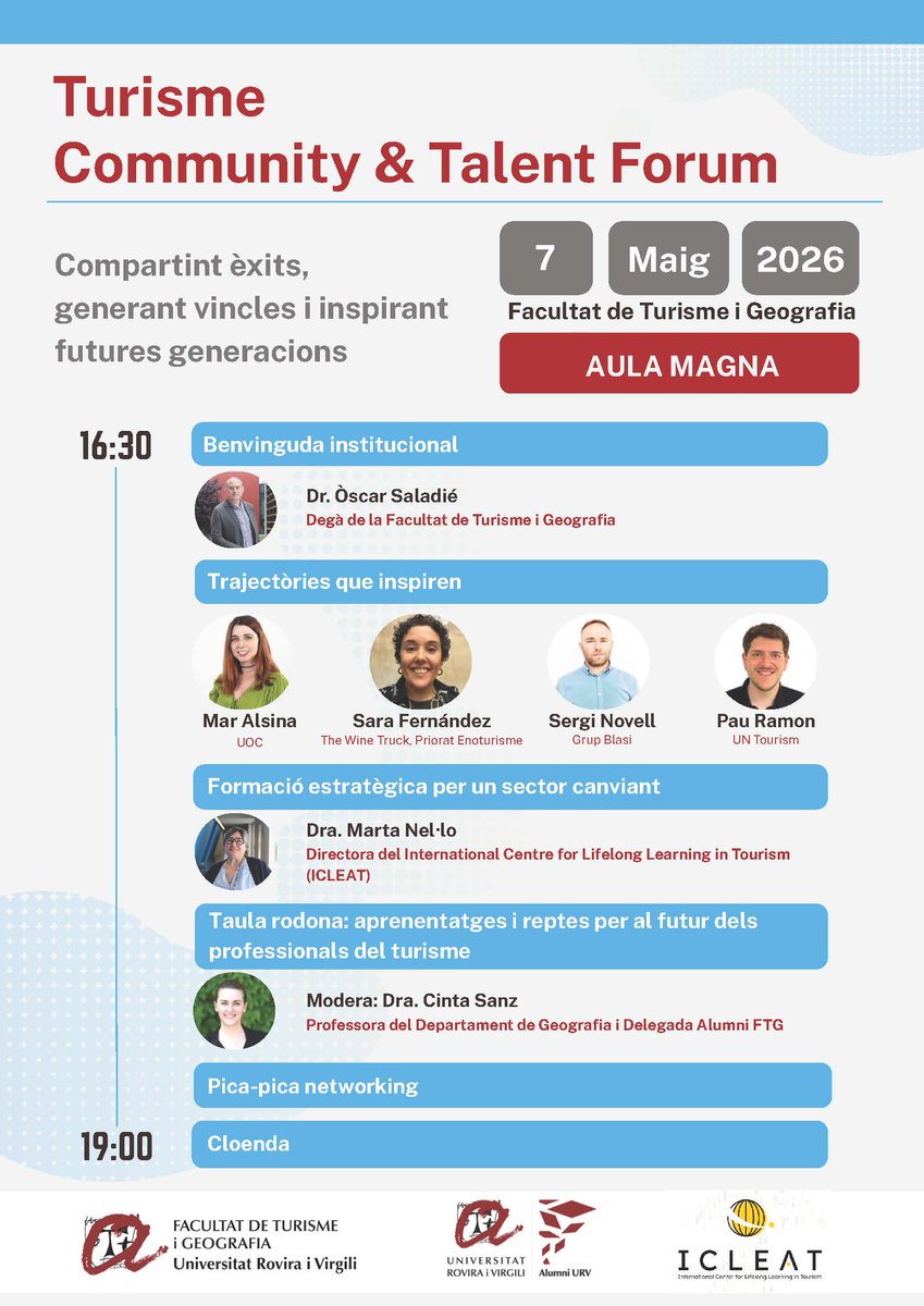 ftgURV's tweet photo. 🏨 Demà dijous, 7 de maig, l'Aula Magna de la Facultat de Turisme i Geografia acollirà la Jornada Alumni "Turisme: Community &amp; Talent forum" (16:30-19:00). https://t.co/yQHde7LDH7