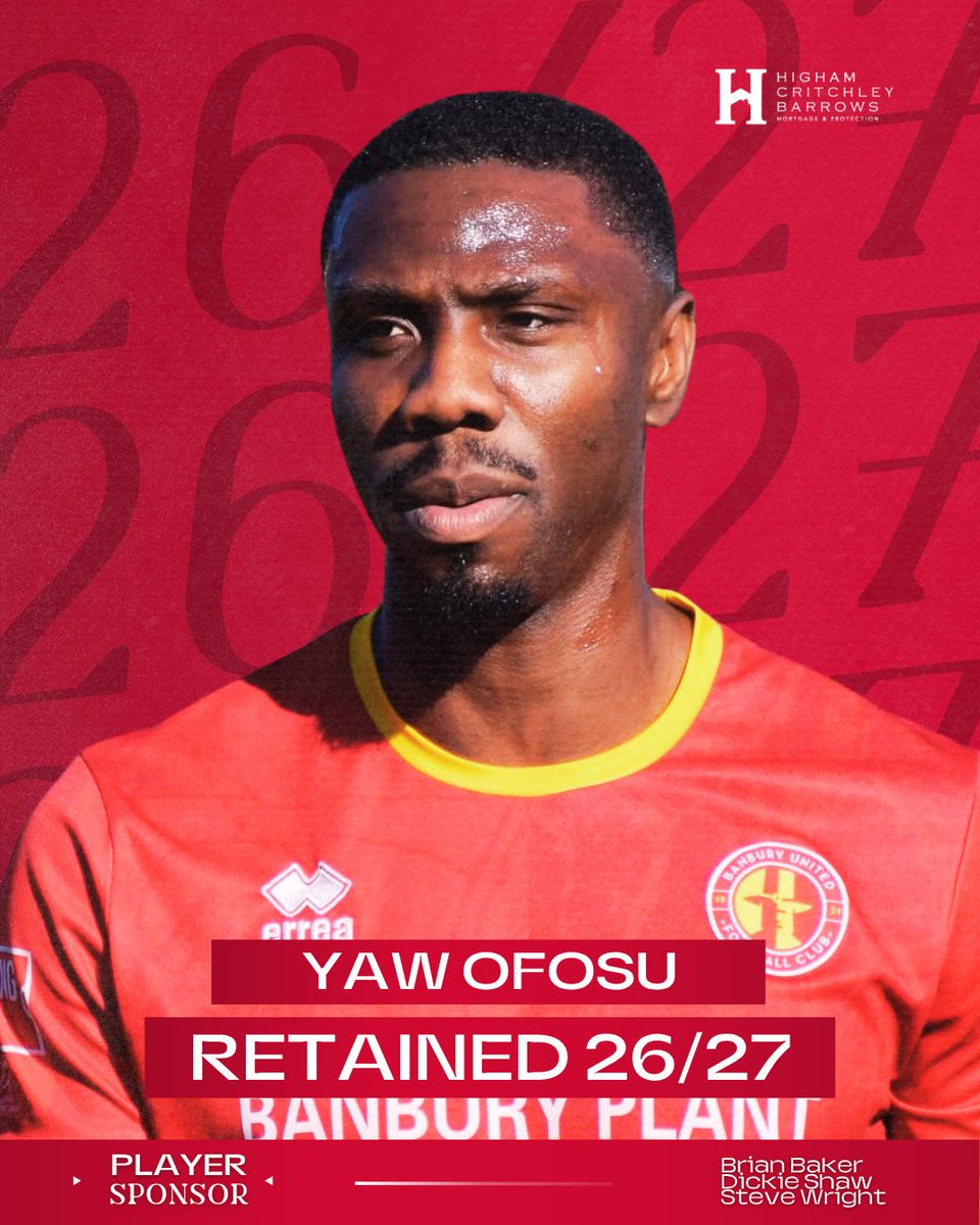 BanburyUnitedFC's tweet photo. 𝐑𝐄𝐓𝐀𝐈𝐍𝐄𝐃: Yaw Ofosu 💪

Our captain. Our skipper. Our centre-back leader.

79 appearances. 10 goals since his debut on the opening day of 2024/25 - leading from the back every step of the way.

Strength. Standards. Leadership.

At the heart of the defence, Yaw Ofosu sets the tone for The Puritans. 

“Really excited to sign on for another year. We had some top moments last season, and hopefully we can create even better moments together next season.

Can’t wait to get going and see you all soon.”

Yaw will continue to be proudly sponsored by Brian Baker, Dickie Shaw and Steve Wright.

#WeAreUnited | #UTP | @ynofosu5