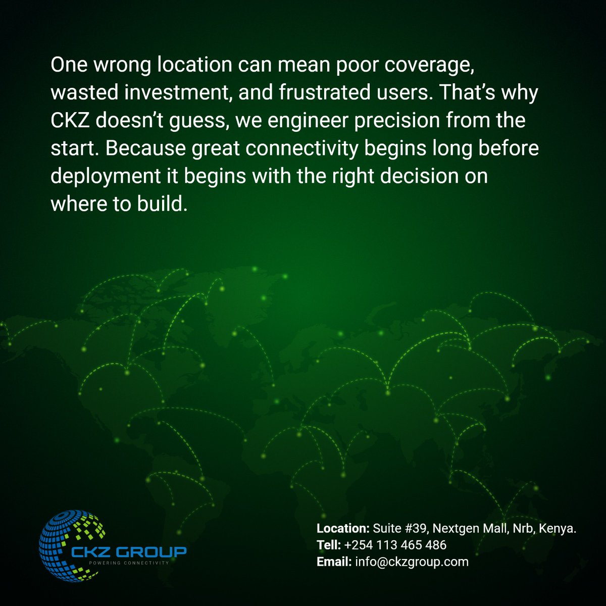 CKZGroup's tweet photo. Precision starts long before deployment.

At CKZ Group, site selection is not guesswork—it’s a disciplined process that determines the success of every network we build. The right tower location ensures optimal coverage, efficient investment, and a better experience for end users https://t.co/61O70wU28W