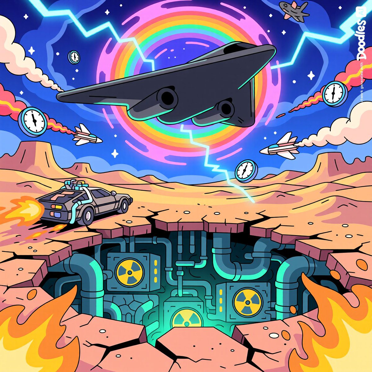 estyeem's tweet photo. POV: the DeLorean time jump dropped us directly above Iran’s nuclear sites moments during the strike.

@doodles @DeLoreanlabs https://t.co/l1lwKF77ik