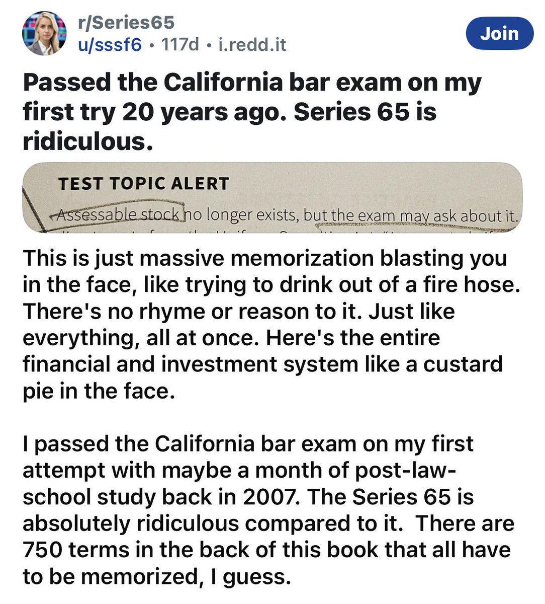 darkfantasy98's tweet photo. @betocarvalhojr @BrianaRoseLee @nypost I took a series 65 exam &amp; that was already proven to be harder than the California bar exam. The bar is significant information to learn, but at least it’s not broad. Series 65 you learn about state laws that don’t even apply to your state, on top of 15-25 other topics. https://t.co/tX1YnVFTmZ