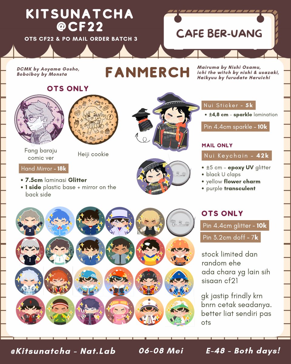 Kitsunatcha's tweet photo. [💕 &amp; 🔁 very appreciated]
Katalog OTS #cf22 dan Quick PO mail b3 nat.lab dibukaa

☕ Bothdays E-48 @ circle Cafe Ber-uang
✨ PO batch 3: 6-8th May (3 hari)
☕ Fandom: Original, Boboiboy, dcmk, mairuma, haikyuu, ichi the witch
✨ Mail order 🍊
☕ Sample on below 

#comifuro22 https://t.co/yeyi9wGZZj