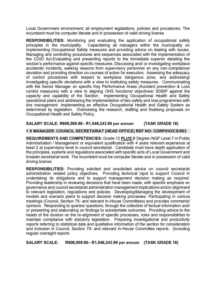 CarolBoitumelo1's tweet photo. City of Mbombela Vacancies:

1. Labour Relations Officer
2. Administrative Officer x3 posts 
3. Verification Officer
4. Accountant: Payroll
5. Chief Accountant Reporting
6. Chief Clerk: Sundry Income Management
Building and Drainage Inspector x2 posts 
7. Town Planner Assistant
8. Chief Admin Officer: Real Estate
9. Disaster Management Officer
10. Manager: Risk Management
11. Manager: Occupational Health and Safety
12. Manager: Council Secretariat
13. Manager: Insurance Services
14. Manager: Human Resource Provisioning
15. Senior Human Resource Officer: Administration
16. Senior Manager Spatial Planning and GIS
17. Manager: Disaster Management Services
18. Manager: Recreational Facilities
19. Manager: Strategic Planning
20. Senior Manager: Strategic Planning
21. Artisan Mbombela Workshop
22. senior Asset Officer: Assets management
23. Foreman: Electricity Operations and Maintenance
24. Superintendent: Water And Waste Water Treatment 
25. Senior Engineering Technician: Electricity Operations x3 posts 
26. Senior Engineering Technician: Roads & Storm Water Maintenance
27. Manager: Roads And Storm Water
28. Manager: Electricity Planning and Development
29. Manager: Water Services Operations and Maintenance
30. Senior Artisan Assistant: Parks
31. Senior Horticulturist Officer
32. Station Officer: Fire & Rescue
33. Manager: Creditors Management
34. Manager: Billing and Accounts
35. Manager: Sundry Income Management
36. Manager: Logistics and Disposal Management
37. Manager: Financial Planning
38. Senior Manager: Financial Planning & Budget

Closing Date 29 May 2026

Refer to pictures