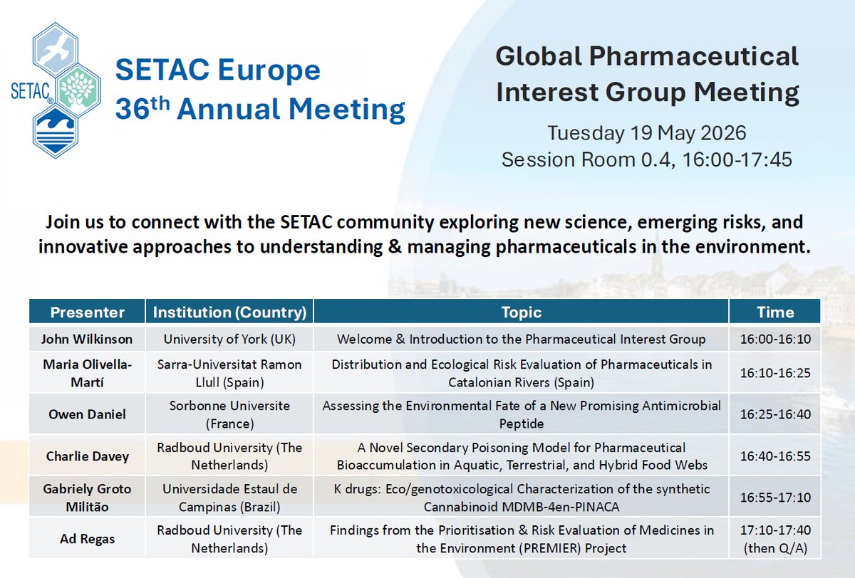SETAC_PhIG's tweet photo. Come join the SETAC Pharmaceutical Interest Group (PHIG) Meeting in Maastricht - Tuesday 19 May 2026 Session Room 0.4 16:00-17:45 https://t.co/SJistVUeL7