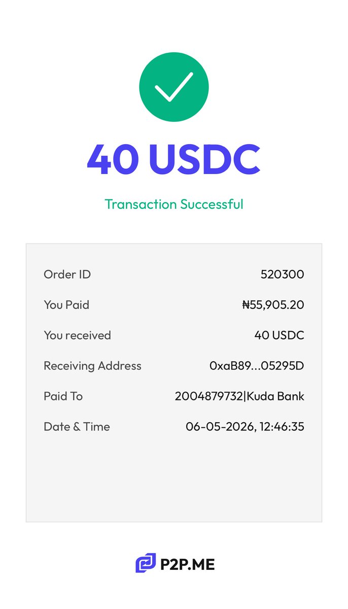 web3reegod's tweet photo. Just completed my first tx with @P2Pdotme ..

Nice product overall and would absolutely recommend.

@p2pmengn https://t.co/ZQDN9AzHGp