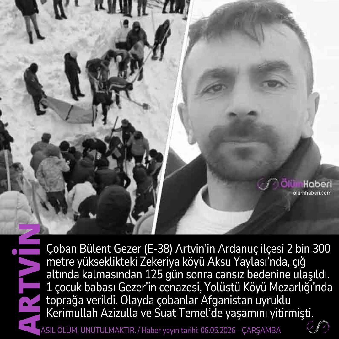 OlumHaberi's tweet photo. Çoban Bülent Gezer (E-38) Artvin Ardanuç’ta, çığ altında kalmasından 125 gün sonra cansız bedenine ulaşıldı.
https://t.co/NgDDooQ19I
#Coban #BulentGezer #Artvin #Ardanuc #Cig #vefat #cenaze https://t.co/DMan2LKlnc