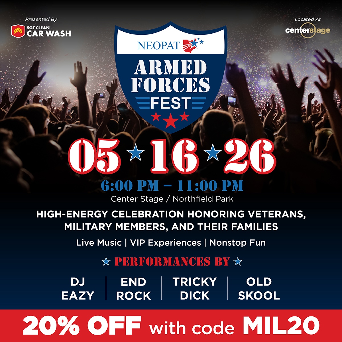 NEOPatriotism's tweet photo. Join NEOPAT for Armed Forces Fest on 5/16 🇺🇸🎉 Enjoy a night dedicated to honoring &amp; supporting our military community while saving 20% on tickets with code MIL20.
Get tickets: https://t.co/uBKK2aVbdH 🎟️
To redeem: Click “Unlock” next to the # of tickets and enter passcode MIL20. https://t.co/PF5Co9DRtn