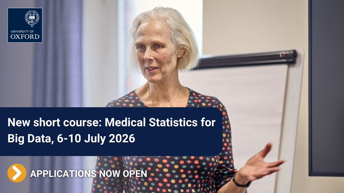 CebmOxford's tweet photo. Our new ‘Medical Statistics for Big Data’ short course helps you build practical skills in planning, conducting and interpreting analyses using large-scale electronic health records.

🔔 Apply by 5pm (UK) 19 June

Learn more: https://t.co/Lk453W1bxv https://t.co/3P6nlIyasi
