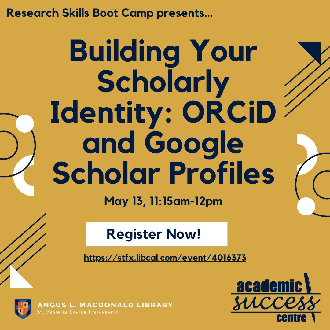 stfxlibrary's tweet photo. Are you looking to expand your research knowledge?

Register now for the Research Skills Boot Camp session "Building Your Scholarly Identity: ORCiD and Google Scholar Profiles" on May 13, 11:15am-12pm! 

Register now at https://t.co/LoWttqT5zl https://t.co/5CcEzIUl9D