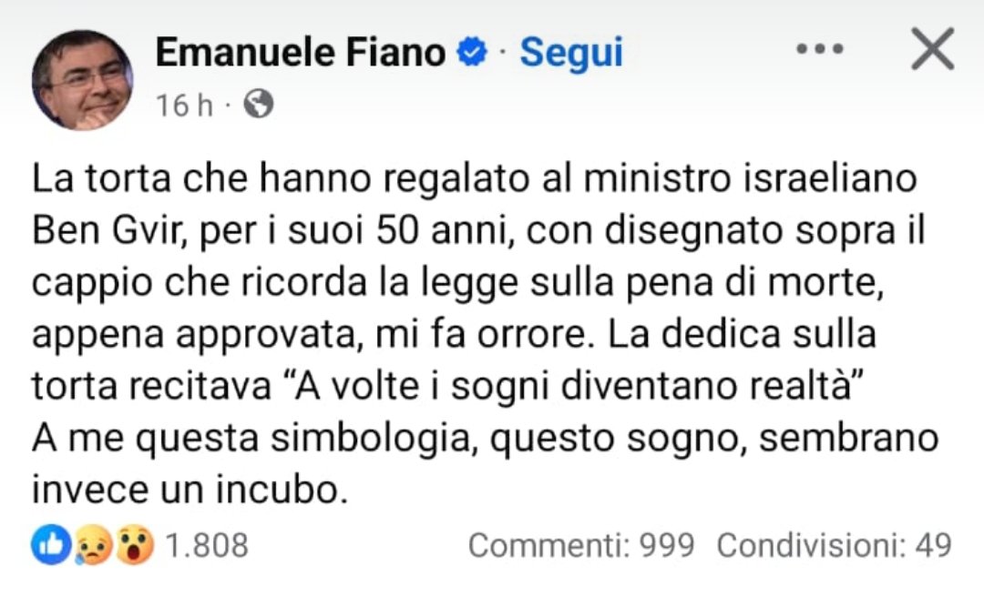 A #Fiano fa orrore la torta di Ben Gvir, mica il genocidio a Gaza, la pulizia etnica, l'occupazione illegale, i double tap, i coloni assassini, i bambini sparati alla testa, la pirateria internazionale, le torture e tutti gli altri crimini israeliani. Che vergogna.