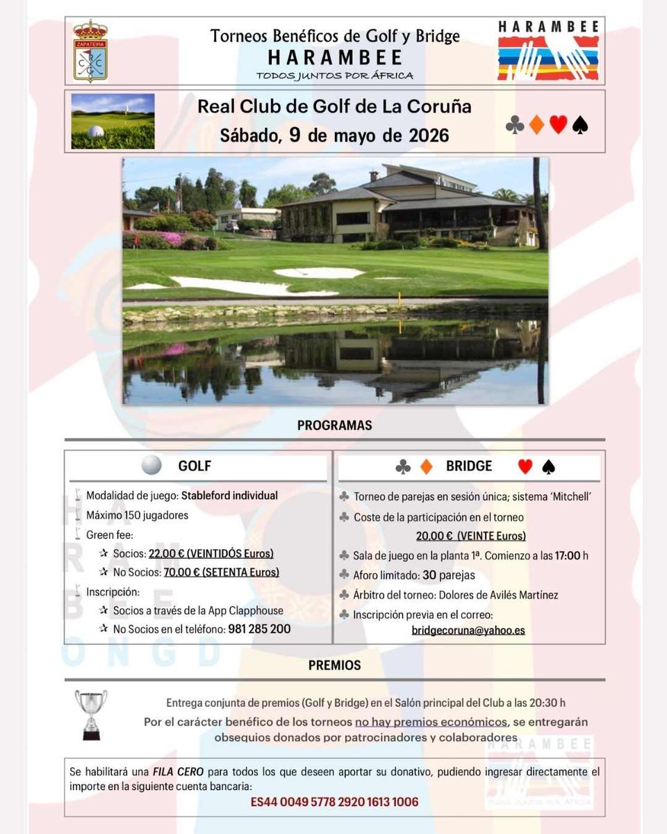 HarambeeONGD's tweet photo. Torneo Benéfico de golf y bridge por @HarambeeONGD 
Colabora https://t.co/oUD7rcWafQ Coruña, Sutega, Óptica Mirapramin,La Chula Restaurante,Tasty Poke La Coruña,⁠Solórzano de Avilés Abogados, ⁠DP Abogados, Terraselecta de Inveravante, ⁠AHH Real State 
👉https://t.co/9P9nkApWQA https://t.co/r5KqTd4lJI