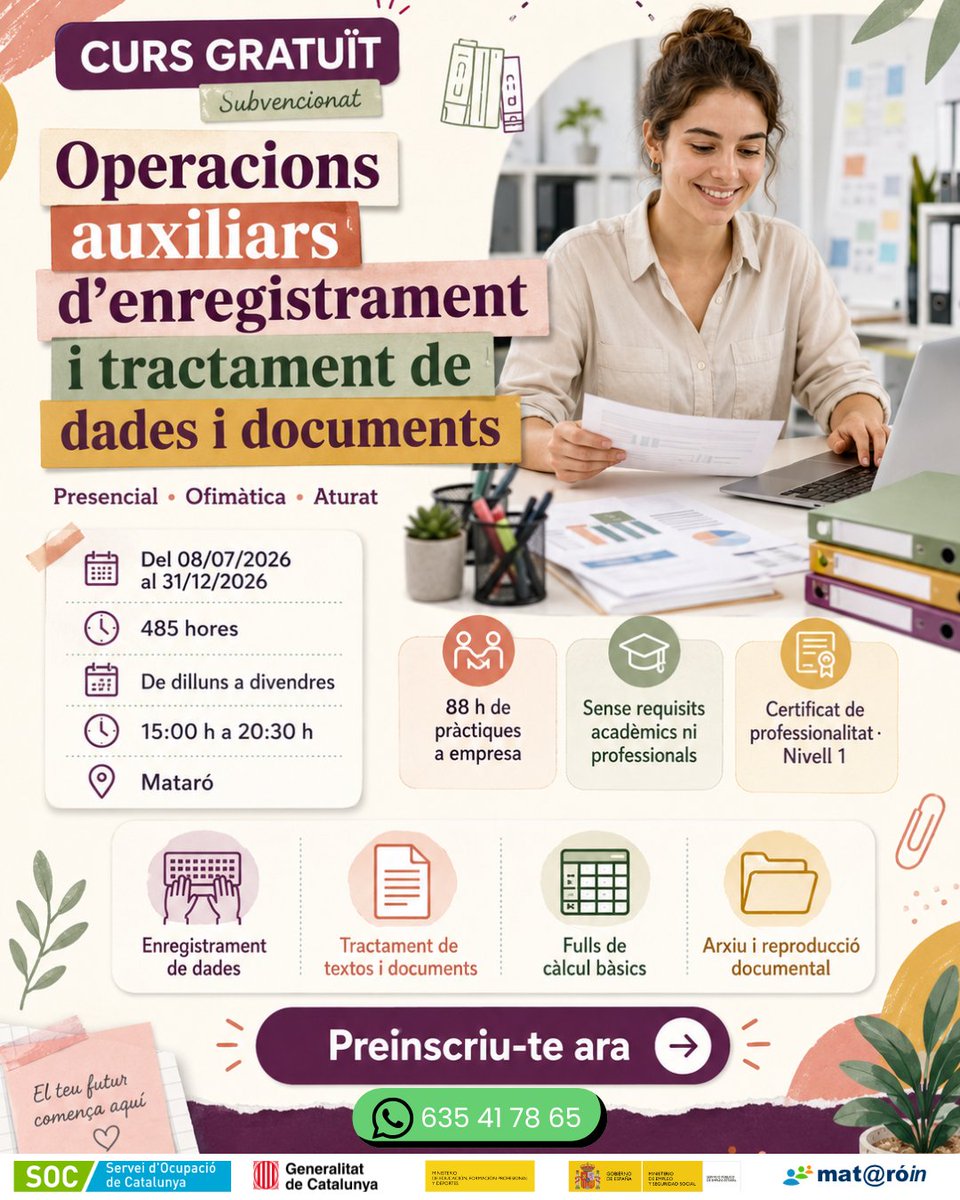 TTrainingtutor's tweet photo. Curs d'𝐎𝐩𝐞𝐫𝐚𝐜𝐢𝐨𝐧𝐬 𝐀𝐮𝐱𝐢𝐥𝐢𝐚𝐫𝐬 𝐝𝐞 𝐆𝐫𝐚𝐯𝐚𝐜𝐢ó 𝐢 𝐓𝐫𝐚𝐜𝐭𝐚𝐦𝐞𝐧𝐭 𝐝𝐞 𝐃𝐚𝐝𝐞𝐬🖥️
⁣
✅Tècniques de gravació de dades⁣
✅Tractament de textos i fulls de càlcul⁣
✅Sistemes d'arxiu i reproducció de documents

#ofimatica #formaciosubvencionada #mataro https://t.co/jxrpIgsqp6