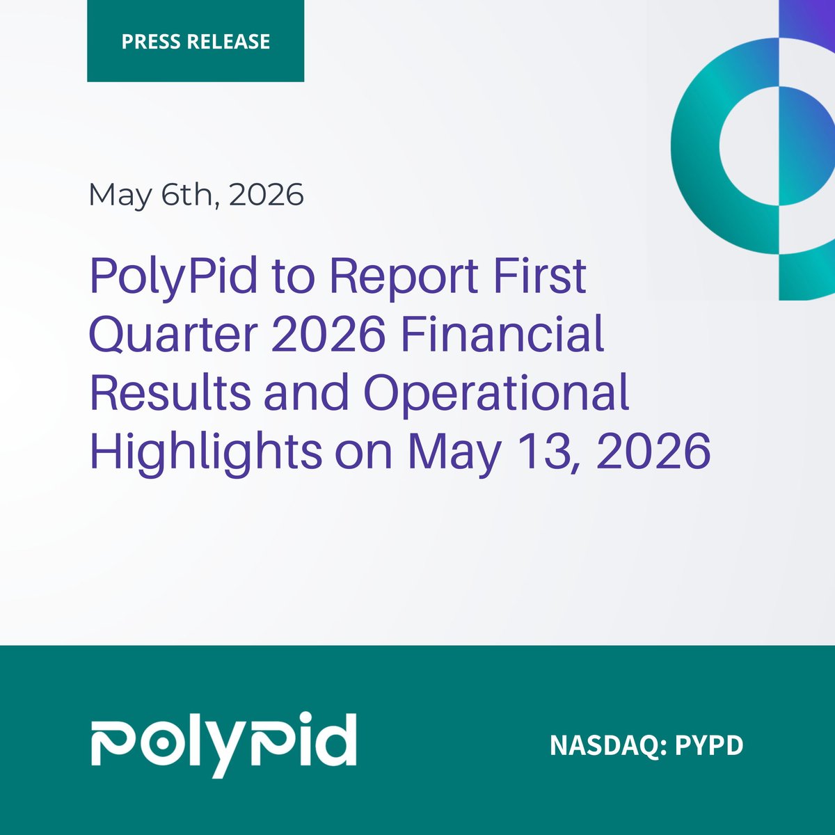 PolyPidLtd's tweet photo. $PYPD PolyPid to Report First Quarter 2026 Financial Results and Operational Highlights on May 13, 2026

Read the Full News Release 👉 https://t.co/g7CxatCGBc https://t.co/txdKbhEJOH