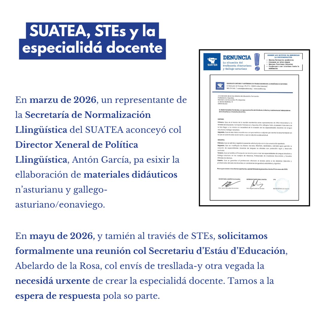 SUATEA's tweet photo. ✊La defensa de les nuestres llingües nun ye namás cosa d’una Selmana.
📰Güei facemos repasu a lo que llevamos fecho dende la nuestra organización, y tamién en colaboración con @STESIntersindic , esti 2026.
#asturianu #adae #especialidádocentetrabayudecente #oficialidá https://t.co/UJczS9U9ru