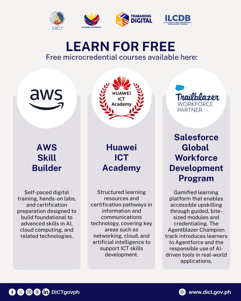 Looking to upskill for free? 👀

Check full details here: facebook.com/share/p/14Y9Re…

#DICT #TrabahongDigital #DigitalLearnings #CertificateCourses #AWS #Huawei #Salesforce #DigitalBayanihan