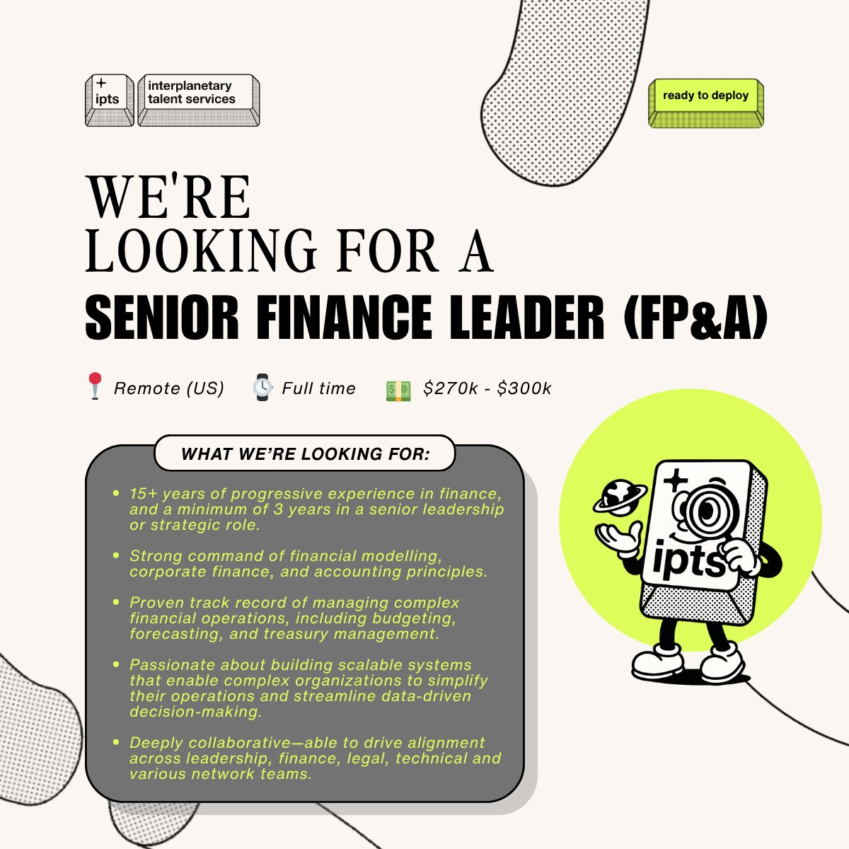 🚨 NEW LIVE ROLE 🚨

SENIOR FINANCE LEADER (FP&amp;A)

📍 Remote (US)
⌚️ Full time
💵 $270k - $300k

This role will be oriented towards treasury / capital allocation / portfolio.

Preferred:

🌐 Experience in finance within web3 / crypto, or a high-growth or decentralized
