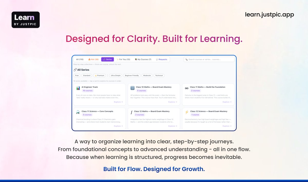 JustPicNetwork's tweet photo. The best #products don’t just work well - they guide users without friction.
When experience is right, #learning becomes effortless.
#LearnByJustPic #LearningPlatform #Elearning #EdTech #Learning #UserExperience #Skill #Knowledge #Users #Clarity #Flow #StartLearning #EnrolToday https://t.co/XfhSM0kSe1