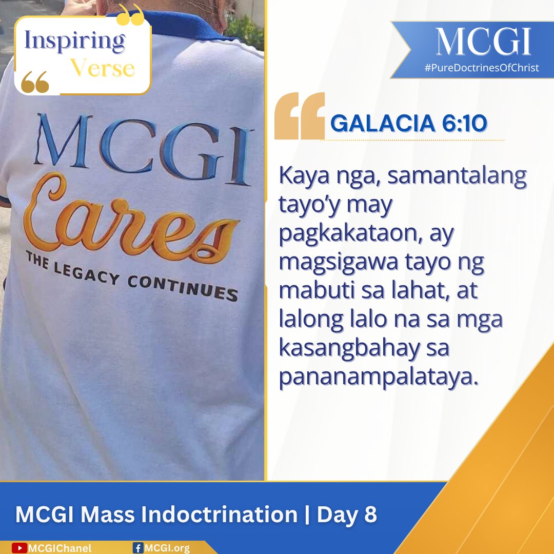 GALACIA 6:10 (ADB) 
Kaya nga, samantalang tayo’y may pagkakataon, ay magsigawa tayo ng mabuti sa lahat, at lalong lalo na sa mga kasangbahay sa pananampalataya.

Love for Humanity 
#PureDoctrinesOfChrist 
#GlobalPrayerForHumanity