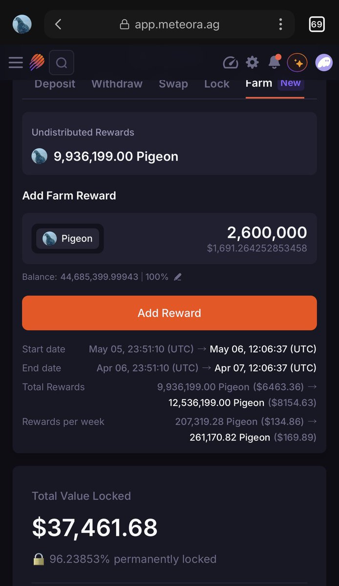 2.6M more. APR now 20%+ and I own 96% of the pool. 

5M taken out of supply today. 

350M tokens put to work. 
Burned or locked into meteora. 

PIGEON