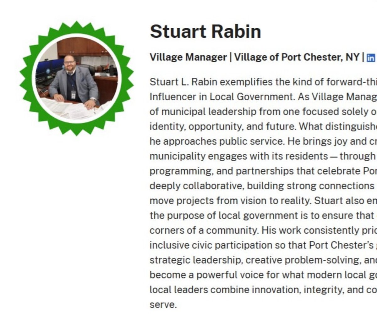 VMPortChester's tweet photo. Thank you to @ELGL50 for recognizing me as one of 2026’s Top Influencers In Local Government- very much appreciated! https://t.co/F2ay7hcdva