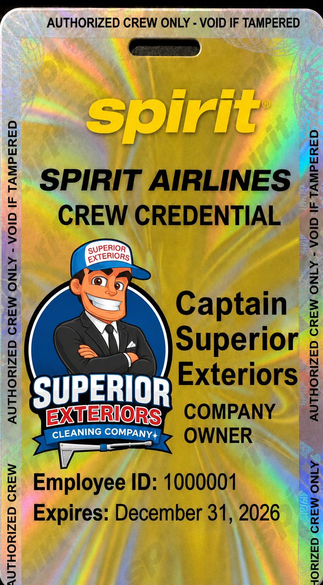 therealsecc's tweet photo. Following a lengthy tenure marked by outstanding performance, my time at Spirit Airlines is over. 

I will now dedicate myself full-time to providing the best pressure washing and exterior window cleaning solutions for clients through Superior Exteriors Cleaning Company. https://t.co/KFugl66cU0
