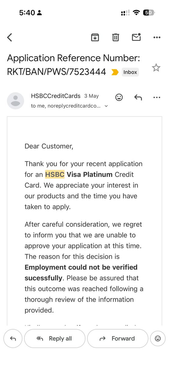 Debidash09's tweet photo. @HSBC i have applied for HSBC credit card application , all steps are over , i never get one email related to employment verification but got one email that your credit card application is declined due to un successful emp verification. How it is possible , could u pls help https://t.co/Iq4HsCoBVI