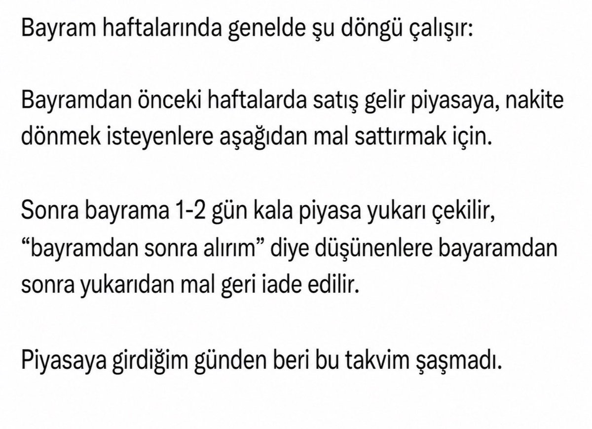 Hazır piyasa rekor tazelerken hatırlatayım.

Önümüzde 9 günlük Kurban Bayramı tatili var, bayrama da yaklaşık 20 gün kaldı.

Alım iştahınızı buna göre ayarlayın,

9 günlük tatilin riskini taşımak istemeyeceklerdir.