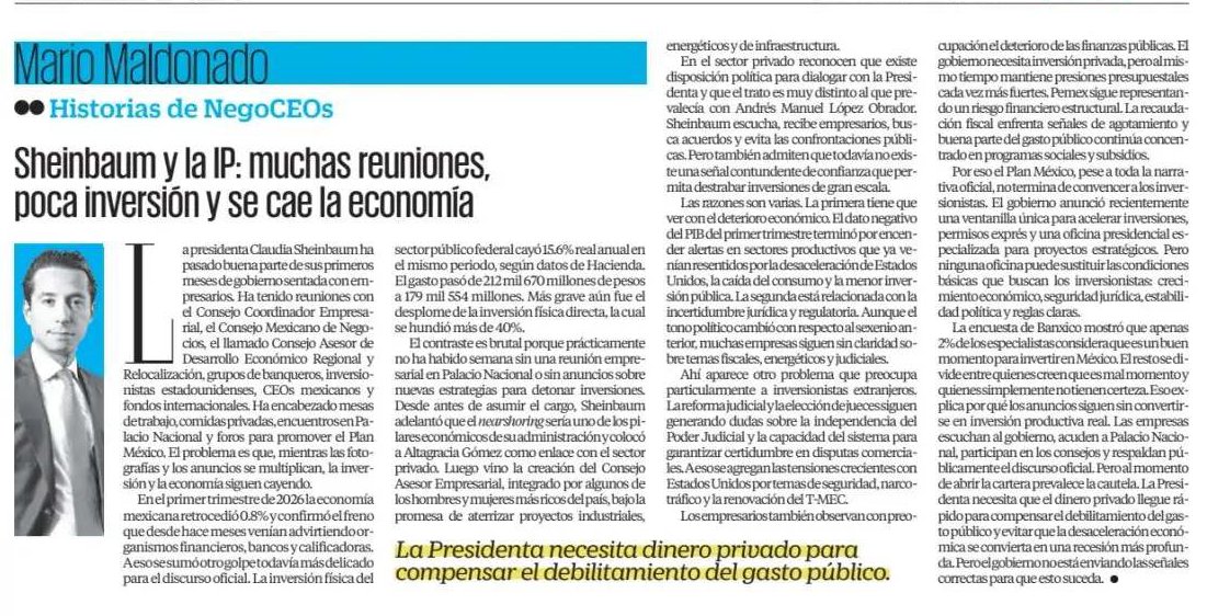 Sheinbaum y la IP, muchas reuniones, poca inversión y la economía se cae <a href="/MarioMal/">Mario Maldonado</a>