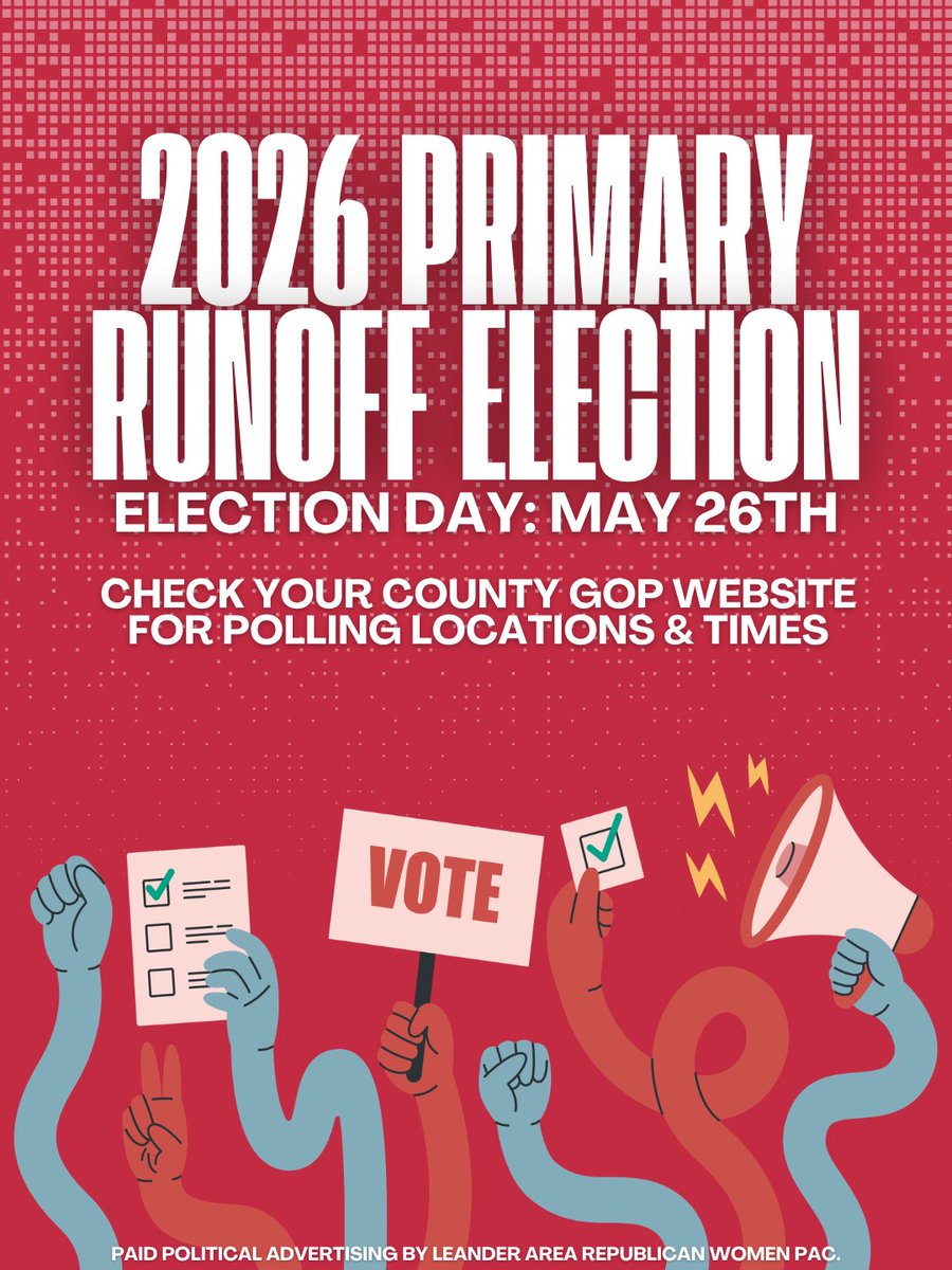LeanderARW's tweet photo. Last ballot of the spring? Think again! With Cedar Park elections wrapped, Primary Runoffs are taking center stage! 

Now's the time to step up, get informed, and cast your vote in these extremely important elections to help KEEP TEXAS RED!

👉 https://t.co/nO3bVpMs2c https://t.co/vt8nngymdM