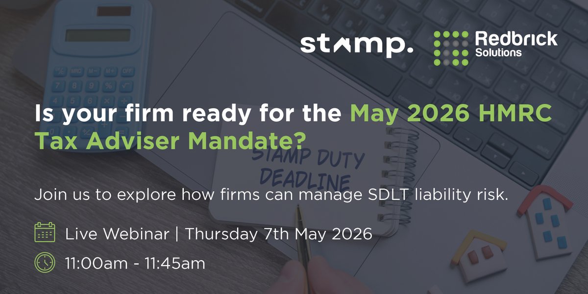 Redbrick_S's tweet photo. Are you joining us tomorrow?  

SDLT liability risk is shifting — and firms need to be ready.  

We’re live at 11am, covering what the upcoming HMRC Tax Adviser Mandate means in practice and how to protect your firm.  

Save your spot 👉 https://t.co/NWmz2JquZ1 https://t.co/rwjm7MvMk2