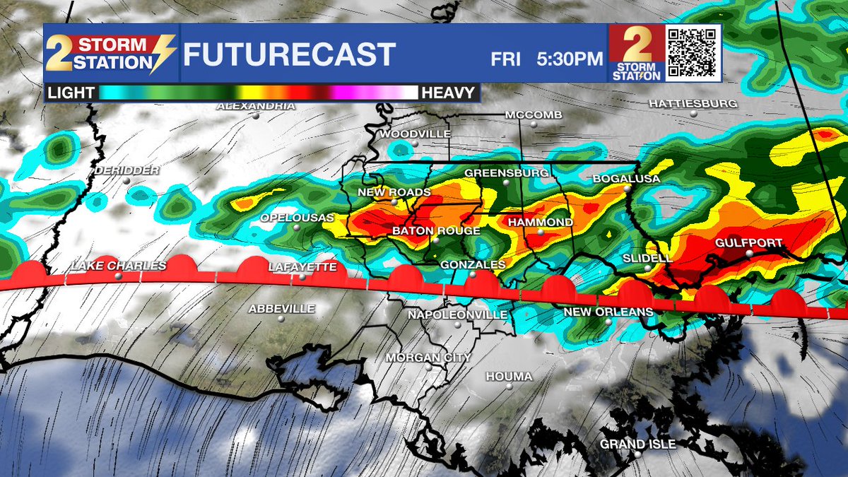 WBRZ's tweet photo. The forecast for Thursday and Friday is a tale of two trends! 📉📈

Thursday is trending drier as that cold front stalls further south—expect plenty of clouds, but fewer storms than we first thought. 🌥️

Friday flips the script! ⛈️ The front lifts back north, bringing numerous rain and storms. Some could be heavy, so watch for localized flooding.

Total rainfall through the weekend could hit 2-5". Keep the umbrella close! ☔️