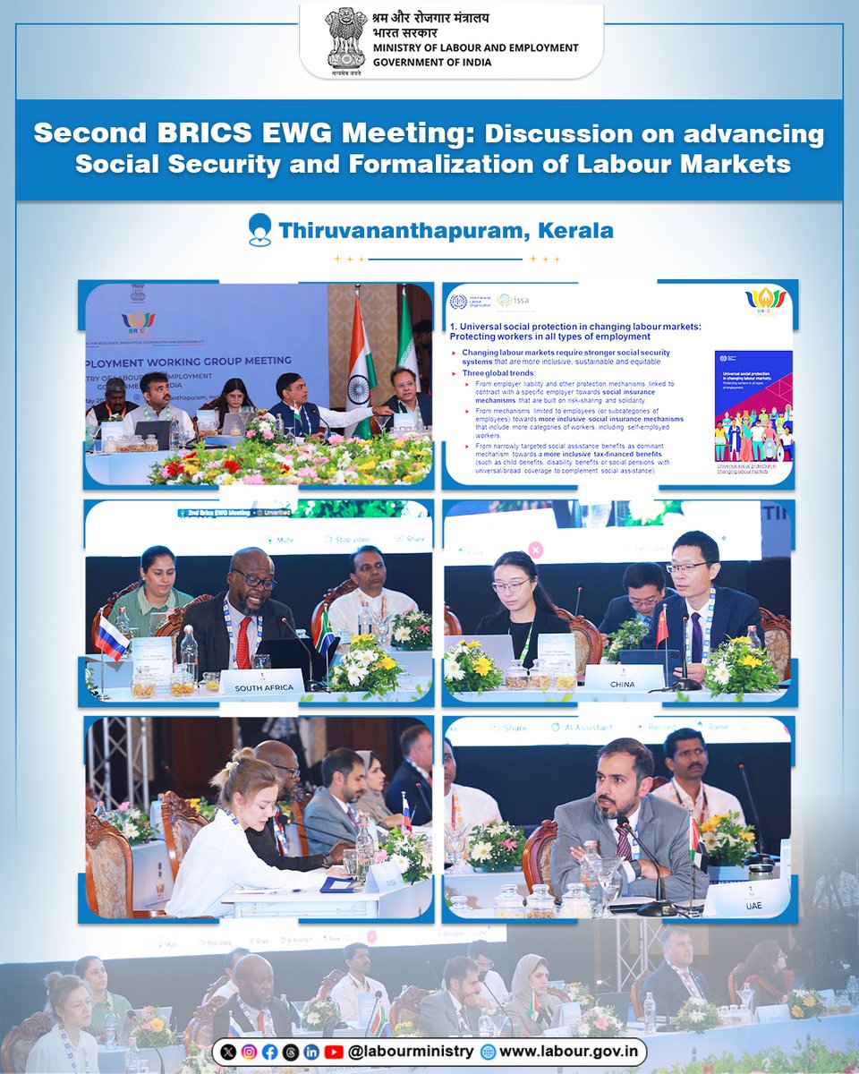 During discussions on advancing Social Security and Formalization of Labour Markets at the 2nd BRICS EWG meeting, the BRICS member countries expressed a collective vision for peer learning and capacity building through mutual exchange of ideas, challenges and solutions.