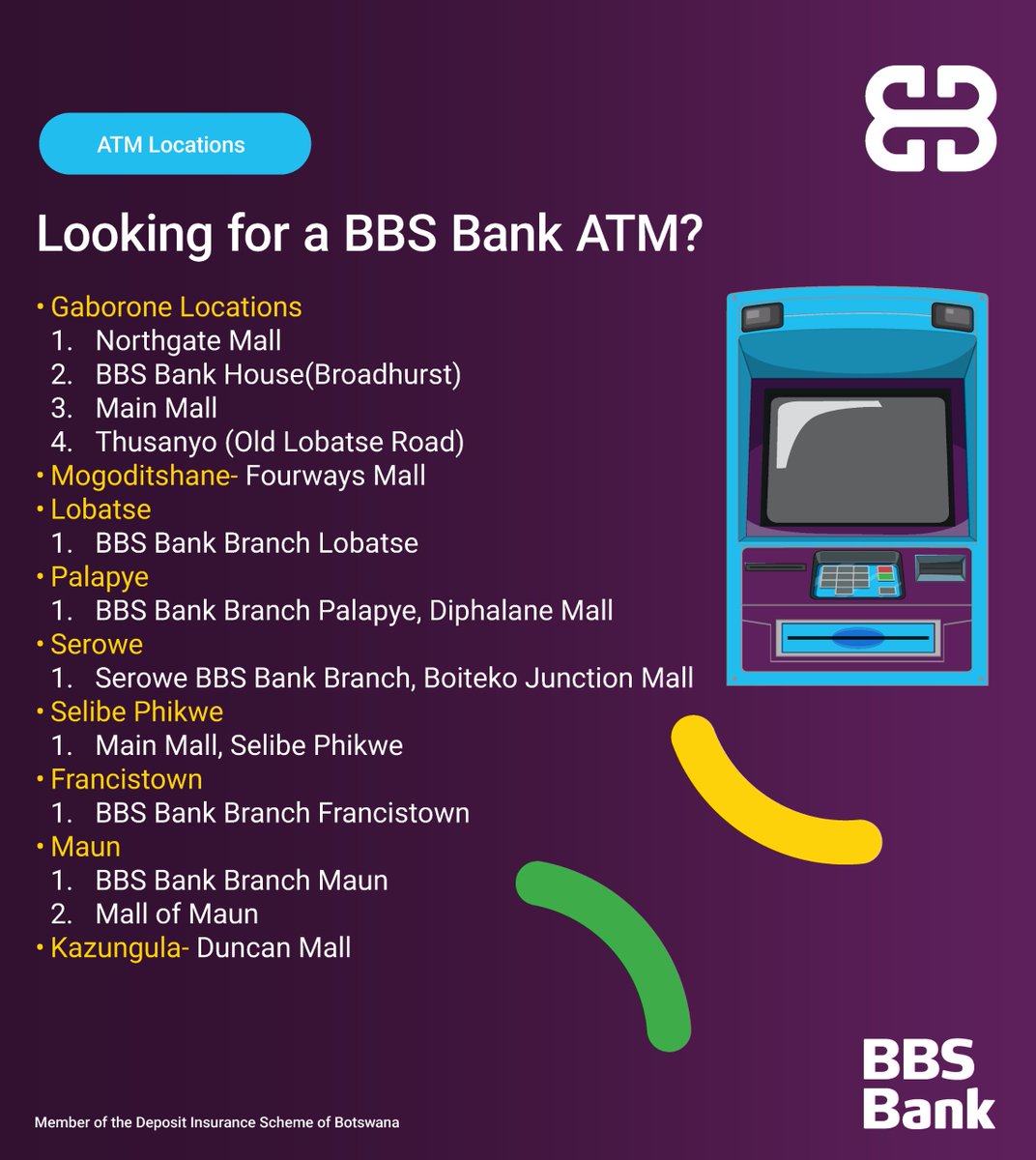 Find your nearest BBS Bank ATM today! Our ATMs accept VISA cards. 
#BBSBank #ATMLocations