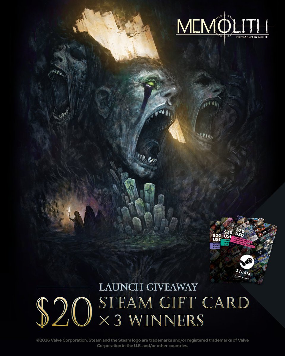THE WORLD IS FORSAKEN...
BUT YOUR LUCK MIGHT NOT BE.

To celebrate the global launch on #Steam of MEMOLITH: Forsaken by Light, we're giving away 3x $20 Steam Digital Gift Cards. 💵🎁

[How to enter]
☠️ Follow <a href="/MEMOLITH_FbL/">MEMOLITH: Forsaken by Light</a>
♻️ Repost
❤️ Like
📸 Wishlist on Steam &amp; drop your