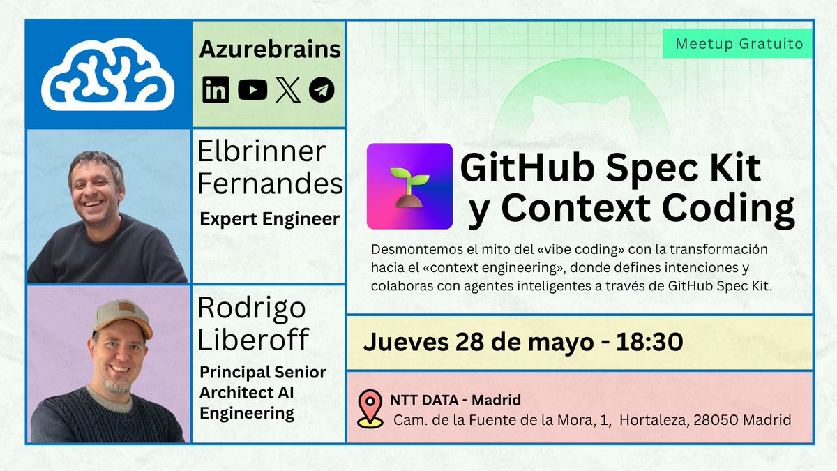 rliberoff's tweet photo. 📢 Tengo el inmenso placer y el honor de coprotagonizar este meetup sobre @GitHub Spec Kit y Context Engineer junto a Elbriner (@elbrinner) y la gente de @Azurebrains

‼️IMPORTANTE, apúntate aquí para entrar al edificio: https://t.co/8nwDMMbYhU

Más info 👉🏻https://t.co/94L52sybpf https://t.co/joAlJ6J0dT