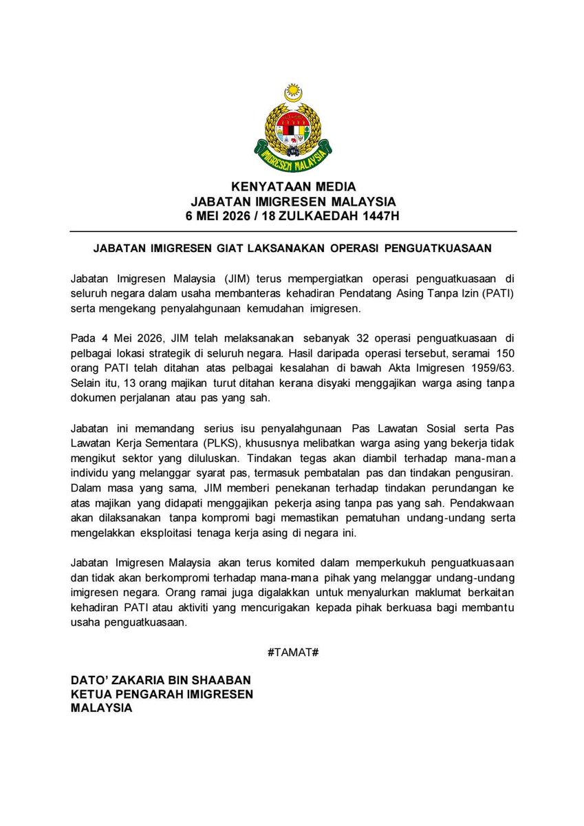 imigresenmy's tweet photo. [𝗞𝗘𝗡𝗬𝗔𝗧𝗔𝗔𝗡 𝗠𝗘𝗗𝗜𝗔] 

𝗝𝗜𝗠 𝗚𝗜𝗔𝗧 𝗟𝗔𝗞𝗦𝗔𝗡𝗔𝗞𝗔𝗡 𝗢𝗣𝗘𝗥𝗔𝗦𝗜 𝗣𝗘𝗡𝗚𝗨𝗔𝗧𝗞𝗨𝗔𝗦𝗔𝗔𝗡 https://t.co/3wfRJBzEa6