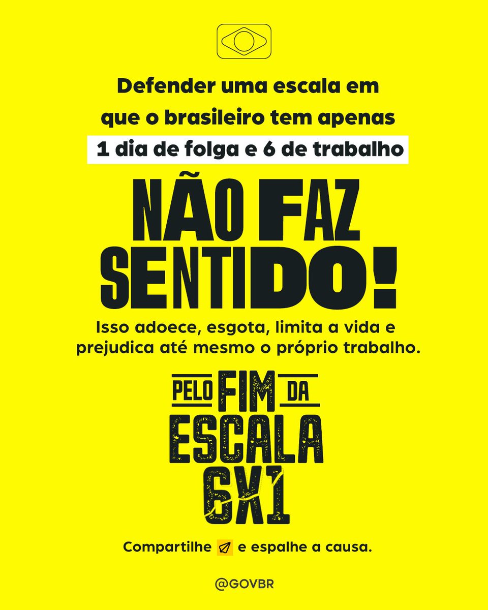 O Governo do Brasil fez sua parte e mandou pro Congresso um projeto de lei que acaba com a escala 6x1. Vamos juntos espalhar essa luta por saúde, tempo com a família e vida além do trabalho. 🇧🇷🤝💛