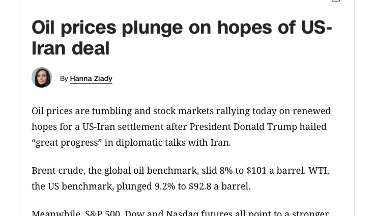 Let me help you out with that headline....that should be......Oil prices plunge on news of U.S. surrender.