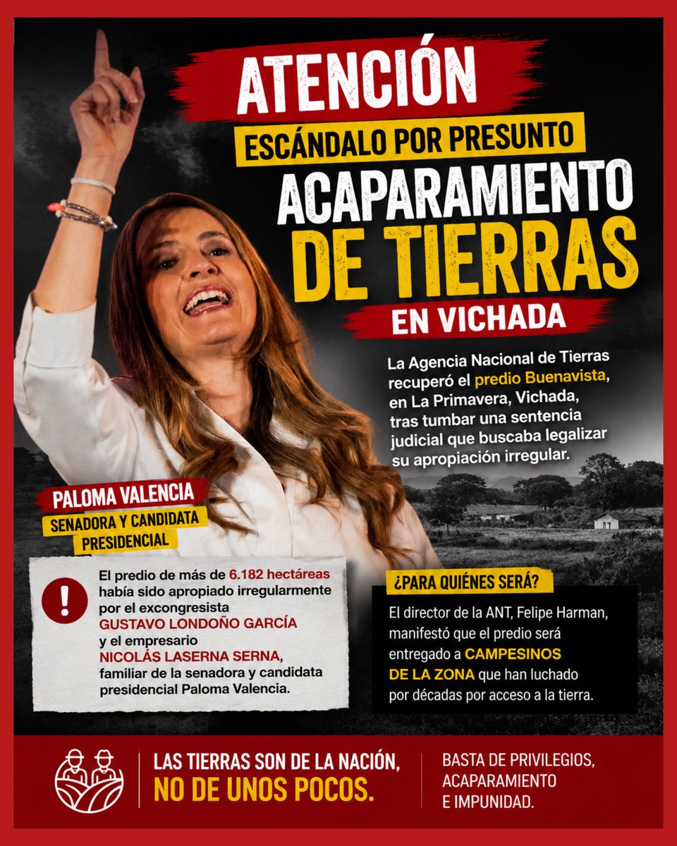 Lo más increíble es que todavía haya gente pensando en votar por <a href="/PalomaValenciaL/">Paloma Valencia L</a> mientras siguen apareciendo denuncias y escándalos ligados a familias poderosas que históricamente se han quedado con la tierra y los privilegios en este país.
Nos llaman “comunistas” y