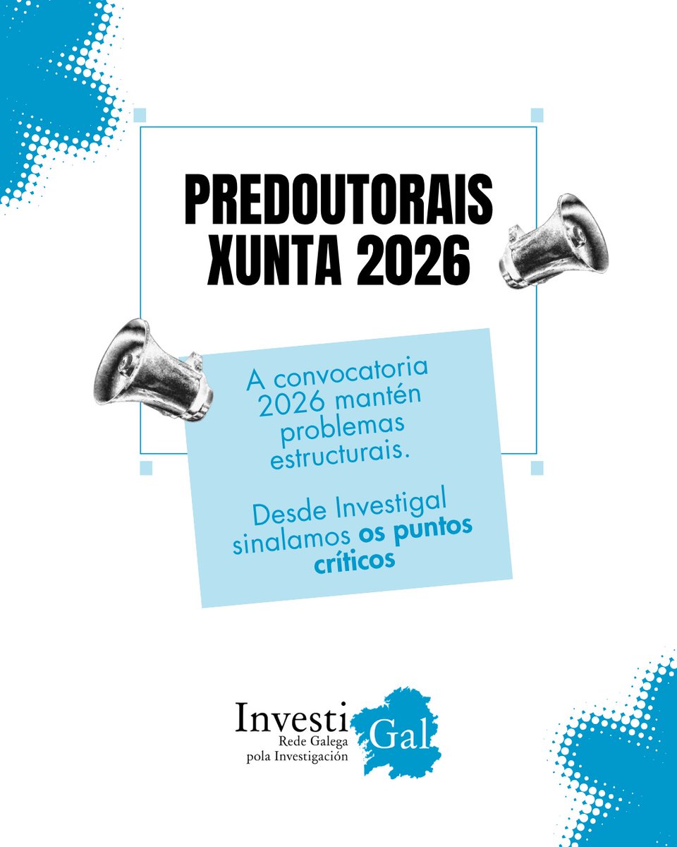 InvestiGal's tweet photo. 📢 A convocatoria Predoutorais Xunta 2026 segue presentando puntos críticos:

• alta carga burocrática no proceso
• diferenzas nas condicións de financiamento
• dificultades de acceso que afectan á igualdade de oportunidades 👇🏼 https://t.co/HrybGFZvga