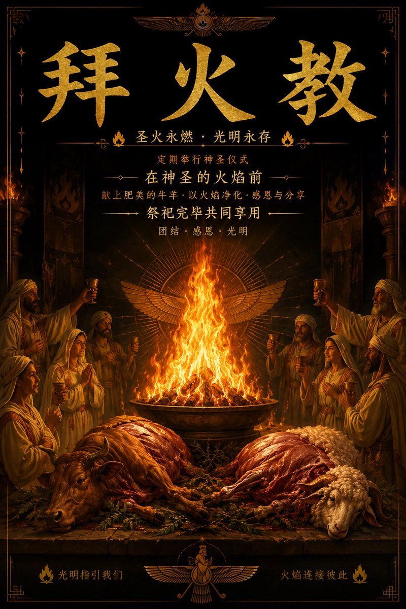Arcrisu's tweet photo. 来参加我们的宗教活动吗？
我们教定期举行在神圣的火焰前摆上肥美的牛羊祭祀后吃掉的仪式 https://t.co/prgcDWL7Su