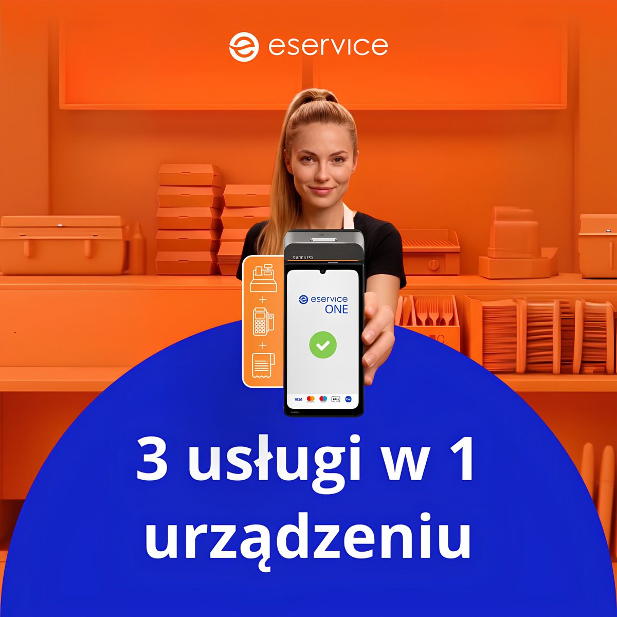 eService_pl's tweet photo. Kasa fiskalna, terminal do płatności, zarządzanie sprzedażą. To trzy różne urządzenia niezbędne do obsługi klientów i sprzedaży - dotąd królowały w hotelach, pensjonatach, restauracjach i sklepach. 
Już nie - eService one zastępuje je jednym urządzeniem: https://t.co/DXKjiYRrUN https://t.co/JnYACTF9sz