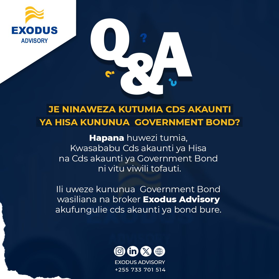 ExodusAdvisory's tweet photo. Maswali ambayo watu wengi huuliza kuhusu bond na hisa… je, nawe umewahi kujiuliza haya?
Je, ungependa tukujibu swali gani lingine?

#WekezaKatikaKeshoYakoNaExodusAdvisory https://t.co/Y8eqIUhLiK